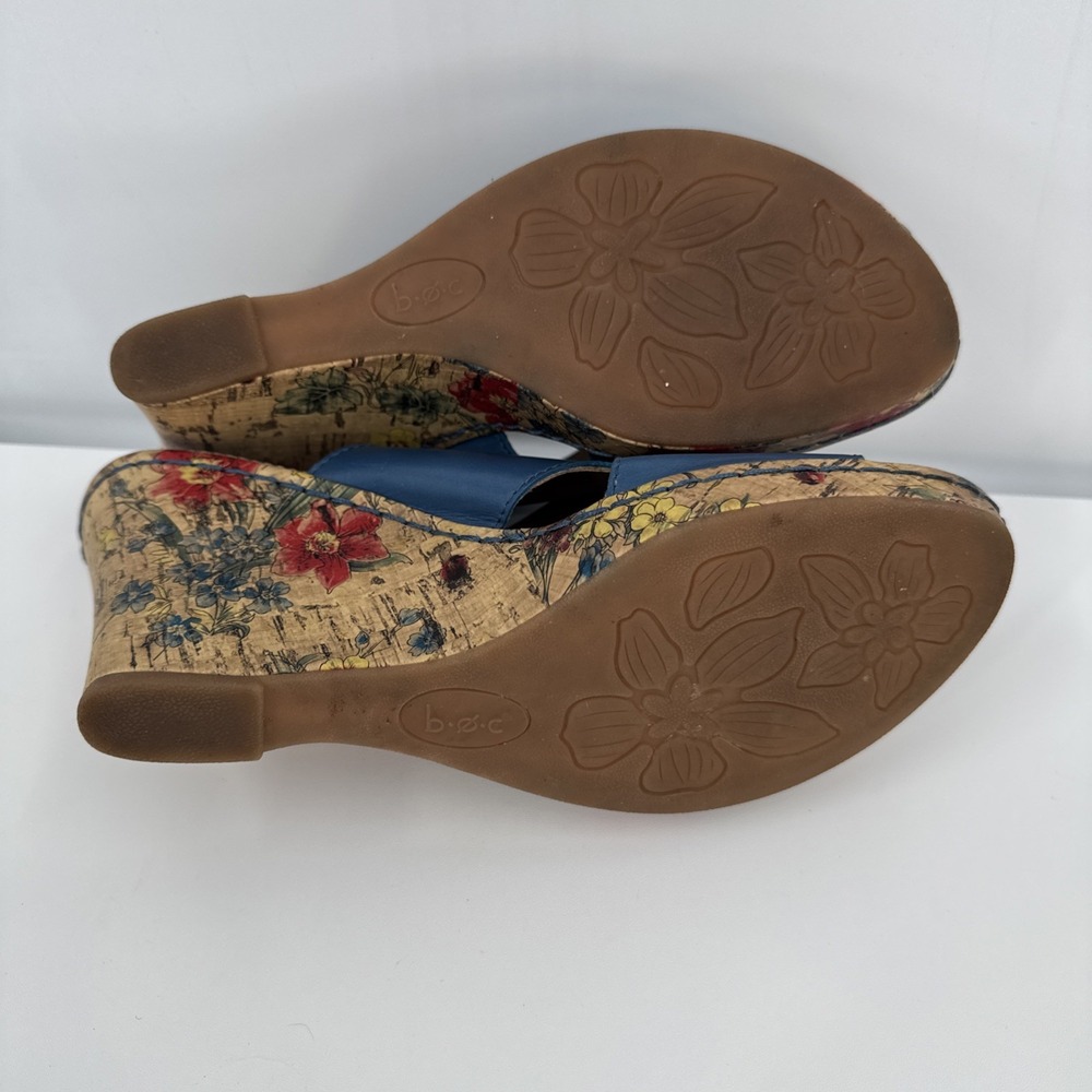 Born Casaba C34104 Blue Leather Floral Slip Womens Cork Wedge - Size 8M - Picture 10 of 11